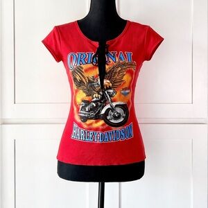 Harley Davidson Red Biker Top with Lace up Front and Graphic print